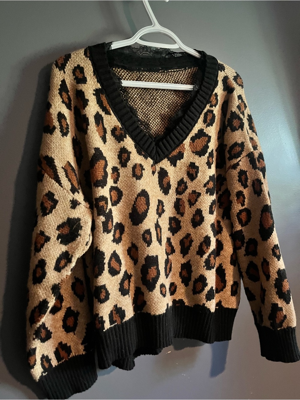 Leopard Print V-Neck Sweater - Beige and Black